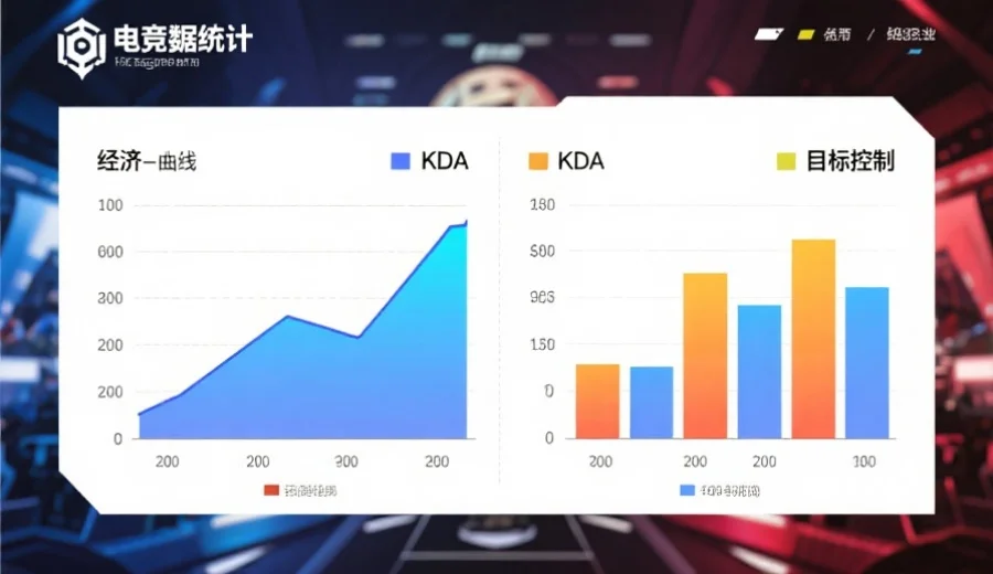 一张电竞比赛数据统计图表,显示经济曲线、KDA、目标控制对比,配色清晰